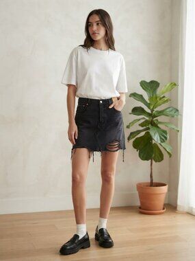 & Denim Skirt Distressed Grunge Black Size 16